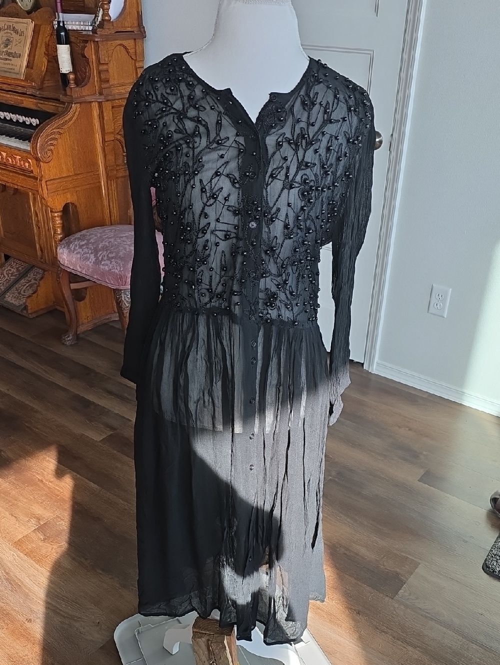 Vintage Black Beaded Sheer Peplum Dress